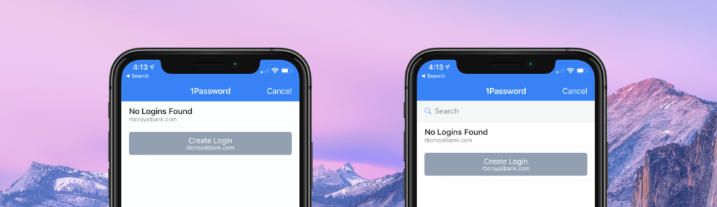 1Password in app search example mockup.